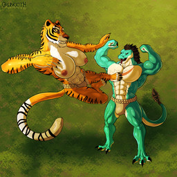 3_toes 4_toes abs anthro biceps black_sclera bone_spikes bottomwear breasts bulge chest_scar clothed clothing duo feet female fight fighting_pose flexing flying_kick fur kick loincloth loincloth_only male male/female midair muscular muscular_anthro muscular_arms muscular_female muscular_legs muscular_male muscular_thighs nipples orange_body orange_fur outside pecs pink_nipples pose red_eyes scar striped_body striped_fur stripes tan_body tan_fur toes topless topless_anthro topless_female turquoise_scales wrestling grungotharts american_mythology dreamworks kung_fu_panda mesoamerican_mythology mythology master_tigress xiuhcoatl_(laziestsloth) felid mammal pantherine reptile scalie snake tiger 1:1 absurd_res hi_res