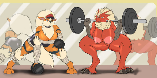 anthro areola arm_wraps barbell big_areola big_breasts bodily_fluids breasts chest_wraps cleavage clothed clothing crouching curvy_figure dumbbell duo exercise female food fruit genitals hanging_breasts huge_breasts nipples nut_(fruit) pink_areola pink_nipples plant puffy_areola sweat voluptuous vulva weightlifting weights workout wraps seiiartworks nintendo pokemon asuka_(himynameisnobody) belgrund_(himynameisnobody) arcanine blaziken generation_1_pokemon generation_3_pokemon pokemon_(species) absurd_res hi_res