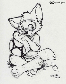 anthro ball band-aid band-aid_on_knee band-aid_on_leg bandage bottomwear cheek_tuft closed_smile clothed clothing eyewear facial_tuft front_view glistening glistening_eyes goggles logo male mascot mouth_closed shirt shorts sitting smile soccer_ball solo t-shirt topwear tuft young young_anthro young_male pandapaco fifa zabivaka canid canine canis mammal wolf 2023 artist_logo dated monochrome signature sketch