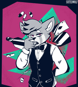 5_fingers ace_of_diamonds anthro ben_day_dots bite black_bottomwear black_bow_tie black_clothing black_pants black_suit blood blood_on_fingers bodily_fluids bottle bottomwear bow_tie broken_bottle broken_glass button_(fastener) card cheek_tuft clothing container detailed_background drugs eyebrows eyelashes facial_tuft fangs finger_bite finger_in_mouth fingers four_of_hearts fur gambling glass hand_behind_back hand_in_mouth head_tuft humanoid_hands inner_ear_fluff male markings medical_instrument medical_syringe multicolored_body multicolored_fur narrowed_eyes open_mouth pants pills playing_card red_eyes scientific_instrument self-harm self_bite shards shirt solo standing striped_body striped_fur striped_markings stripes stylized_background suit surrealism syringe teeth topwear tuft two_of_spades white_clothing white_shirt white_topwear suitedwolfie reid_(suitedwolfie) ailurid mammal red_panda 2025 digital_drawing_(artwork) digital_media_(artwork) hi_res restricted_palette watermark