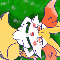 ambiguous_anthro ambiguous_gender anthro biped blush blush_stickers food front_view grass hands_behind_head lying object_in_tail on_back open_mouth open_smile plant shrimp_(food) simple_background smile snout solo tail triangle_mouth annyui0611 nintendo pokemon braixen canid generation_6_pokemon mammal pokemon_(species) 1:1 2025 half-length_portrait hi_res japanese_description portrait translated_description