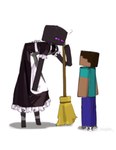 2023 ambiguous_gender bent_over broom cleaning_tool clothing duo enderman hi_res holding_broom holding_cleaning_tool holding_object human kogito lol_comments long_legs looking_at_another maid_uniform male mammal microsoft minecraft mojang narrow_hips on_model question_mark square_(anatomy) standing steve_(minecraft) thin_calves tiktok uniform xbox_game_studios