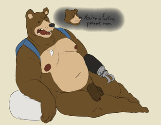 accessories_only amputee annoyed anthro balls belly brown_body disability flaccid foreskin genitals lying male nipples nude on_side overweight overweight_male penis prosthetic prosthetic_arm prosthetic_limb solo speech_bubble teeth text unretracted_foreskin adrian_dough deadwingdork claw_(deadwingdork) bear mammal english_text