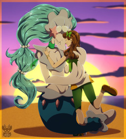 ambiguous_gender beach blue_body blue_hair blue_skin brown_hair clothed clothing cloud detailed_background duo eyes_closed female footwear hair hug long_hair nude outside raised_leg sand seaside shoes sky smile starfish_(accessory) sun text water white_body white_skin wide_hips conditional_dnp xnirox nintendo pokemon aquatic asterozoan echinoderm generation_7_pokemon human mammal pinniped pokemon_(species) primarina starfish 2016 english_text hi_res watermark
