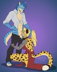 anthro anthro_on_anthro anthro_penetrated anthro_penetrating anthro_penetrating_anthro balls blonde_hair blue_body blue_fur blue_hair bottomwear clothed clothing countershading crouching deep_throat dress duo fellatio female female_penetrated fur genitals hair holding_head looking_down_at_partner male male/female male_penetrating male_penetrating_female markings mechanical_arm oral oral_penetration pants penetration penile penis penis_shadow red_clothing red_dress sex simple_background smile spots spotted_body spotted_fur striped_body striped_fur stripes kittydee erasmus sydea canid canine cheetah felid feline mammal 2022 digital_media_(artwork) hi_res