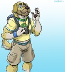 2020 4_fingers absurd_res anthro backpack beard belt biped bird_dog blue_background bottomwear brown_nose brown_pawpads camera canid canine canis cargo_shorts claws clothed clothing collar digital_media_(artwork) domestic_dog dudebulge ear_piercing ear_ring eyewear facial_hair fido_(dudebulge) fingers fur gesture glasses golden_retriever gradient_background green_collar hi_res hunting_dog looking_at_viewer male mammal mature_anthro mature_male motion_lines muscular muscular_male mustache open_mouth open_smile pawpads piercing retriever ring_piercing shirt shorts signature simple_background smile solo standing story story_in_description t-shirt tail tail_motion tailwag topwear waving waving_at_viewer whiskers white_background yellow_body yellow_fur