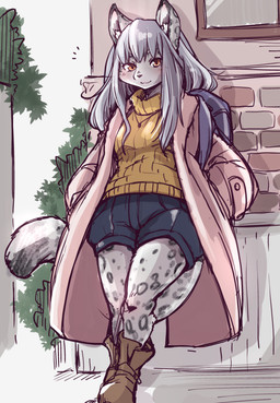 anthro backpack bottomwear clothed clothing coat female female_anthro fur grey_body grey_fur grey_hair hair hand_in_pocket hands_in_both_pockets kemono leaning markings pockets shorts solo spots spotted_body spotted_fur sweater topwear setouchi_kurage felid mammal pantherine snow_leopard 2020
