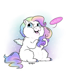 ambiguous_feral ambiguous_gender blue_eyes blue_hooves evil_grin featureless_crotch feral fur hair hooves looking_up multicolored_hair multicolored_tail open_mouth rainbow_hair rainbow_tail simple_background sitting smile solo sparkles spread_wings tail text tongue touching_hair white_body white_fur white_wings wings young young_ambiguous young_feral squeegull fluffy_pony mythology brenda_(awfulfawn) equid equine fluffy_pony_(species) mammal mythological_creature mythological_equine pegasus 1:1 2025 artist_name digital_media_(artwork) flat_colors hi_res