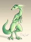 big_ears green_body green_skin simple_background solo tail thick_tail wide_hips benign_light scalie 2018 3:4 signature