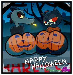 anthro bedroom_eyes big_butt blue_body blue_fur bodypaint border bottomless butt cigarette cigarette_in_mouth clothed clothing detailed_background duo female food fruit fur green_body green_scales head_spines head_tuft highlights_(coloring) hip_to_hip holidays huge_butt huge_hips jack-o'-lantern looking_at_viewer looking_back mooning narrowed_eyes object_in_mouth outside painted_butt plant presenting presenting_hindquarters public public_exposure pumpkin pumpkin_butt red_eyes red_highlights scales seductive shirt sitting smoking spines tailless text topwear tuft white_border wide_hips fourball halloween night_in_the_woods bea_santello mae_borowski alligator alligatorid crocodile crocodilian domestic_cat felid feline felis mammal reptile scalie digital_media_(artwork) english_text hi_res url