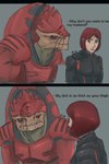 armor dialogue duo facial_scar female pupils red_eyes scar slit_pupils text jon_zinoyda bioware electronic_arts mass_effect commander_shepard female_shepard urdnot_wrex alien human krogan mammal english_text hi_res meme multiple_images