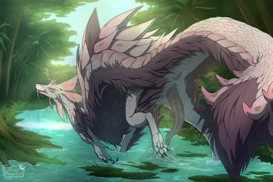 4_toes animal_genitalia anus black_claws claws curved_penis digitigrade erection feet feral finger_claws forest_background fur genital_slit genitals long_penis long_snout looking_at_viewer looking_back looking_back_at_viewer male nature_background outside penis pink_body pink_scales plant pupils purple_body purple_fur quadruped rear_view scales slit_pupils snout solo tail tapering_penis text toe_claws toes tree ventral_scales water white_body white_scales endermoonfur capcom monster_hunter mythology dragon furred_dragon furred_scalie leviathan_(mh) mizutsune mythological_creature mythological_scalie scalie 2025 artist_name colored dated digital_drawing_(artwork) digital_media_(artwork) hi_res shaded watermark