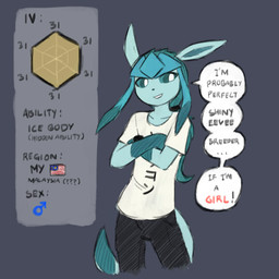 anthro anthrofied biped blue_eyes blue_hair blue_tail bottomwear clothed clothed_anthro clothed_male clothing crossed_arms dialogue front_view fully_clothed fully_clothed_anthro fully_clothed_male hair male pants pokemorph ponytail shirt simple_background smile solo speech_bubble standing t-shirt tail teeth text topwear sealer4258 nintendo pokemon sealer_(sealer4258) eeveelution generation_4_pokemon glaceon pokemon_(species) 2025 digital_drawing_(artwork) digital_media_(artwork) english_text hi_res