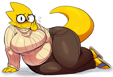 anthro belly big_breasts blush blush_lines blushing_profusely bottomwear breasts buckteeth clothed clothed_female clothing curvy_figure eyelashes eyewear female flip_flops footwear freckled_face freckles front_view fully_clothed fully_clothed_female glasses huge_thighs long_eyelashes looking_at_viewer overweight overweight_anthro overweight_female pants round_glasses sandals scale_freckles scales shoes smile solo sweater tail teeth thick_tail thick_thighs topwear turtleneck voluptuous voluptuous_anthro voluptuous_female wide_hips yellow_body yellow_scales harry_amorós undertale_(series) alphys lizard reptile scalie absurd_res hi_res