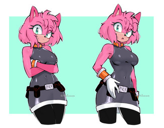 5_fingers accessory anthro arm_guards armband belt black_belt black_clothing black_nose breasts clothed clothed_anthro clothed_female clothing costume dress eyelashes female fingers fully_clothed fur gloves green_background green_eyes hair handwear looking_at_viewer medium_breasts navel_outline open_mouth orange_armband pink_body pink_ears pink_fur pink_hair pink_quills simple_background solo white_clothing white_gloves white_handwear alfa_kronoxis sega sonic_the_hedgehog_(series) amy_rose eulipotyphlan hedgehog mammal absurd_res hi_res