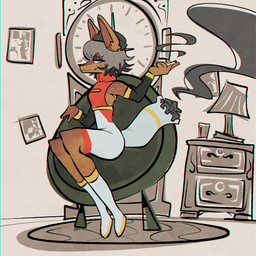 anthro boots brown_body brown_fur chair cigarette cigarette_smoke cigarette_tail clock clothed clothed_anthro clothed_female clothing dresser eyeshadow female female_anthro footwear freckled_shoulders freckles front_view fur furniture glistening_eyelids grey_hair hair hat headgear headwear holding_cigarette holding_object inside lamp makeup mole_under_eye mouth_closed on_chair rug shoes sitting sitting_on_chair smoke solo tail three-quarter_view white_boots white_clothing white_footwear white_sclera titanogoro cigarette_(khutokun) canid mammal 1:1 2025 absurd_res digital_media_(artwork) full-length_portrait halftone hi_res portrait