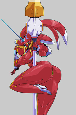 anus big_butt breasts butt female genitals holding_object holding_weapon machine not_furry red_body solo vulva weapon pochincoff darling_in_the_franxx studio_trigger strelizia robot hi_res