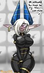 bdsm bound breasts ear_piercing female hand_between_legs horn latex lipstick makeup not_furry piercing solo text nana_gel go_to_horny_jail demon elf humanoid succubus 3:5 absurd_res digital_media_(artwork) english_text hi_res meme shaded