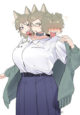3_heads belt big_breasts blush bottomwear breasts clothing collar eyewear female glasses green_clothing hair looking_at_viewer multi_head rectangular_glasses shirt short_hair simple_background skirt solo tongue tongue_out topwear white_background white_clothing white_shirt white_topwear maikamiaka haewn_(maikamiaka) phech_(maikamiaka) ploy_(maikamiaka) animal_humanoid canid canid_humanoid canine canine_humanoid dog_humanoid humanoid mammal mammal_humanoid 2025 digital_media_(artwork) hi_res