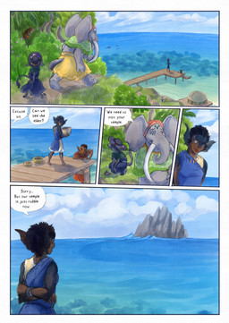 ambiguous_gender anthro biped black_body black_fur black_hair black_tail clothed clothing cloud dark_body dark_skin day dialogue dialogue_box docks ear_fins fin flower fur grey_body hair hat headgear headwear outside plant proboscis_(anatomy) sea speech_bubble split_form tail text trunk_(anatomy) water bjekkergauken mythology imbali_(bjekkergauken) isilo_(bjekkergauken) aquatic elephant elephantid humanoid mammal merfolk proboscidean unknown_species 2026 colored comic english_text hi_res
