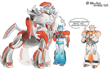 alternate_species gladiator machine male muscular quadruped simple_background size_difference smile speech_bubble warrior sin_pax hasbro takara_tomy transformers megatron megatronus orion_pax ratchet_(transformer) cybertronian robot robot_anthro taur hi_res signature watermark