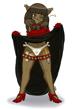 anthro bottomwear brown_body brown_fur brown_hair card clothed clothing clothing_lift crotch_lines dagger female footwear fur gloves hair handwear high_heels long_skirt melee_weapon one_eye_closed panties playing_card raised_bottomwear raised_clothing raised_skirt shoes simple_background skirt skirt_lift solo underwear weapon white_background white_clothing white_panties white_underwear wink saar_(artist) ankama dofus wakfu miranda_(wakfu) ecaflip felid mammal hi_res