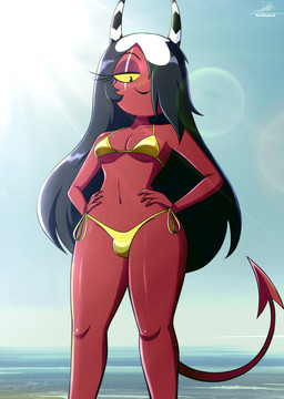 beach bikini black_hair breasts bulge cleavage clothed clothed_gynomorph clothed_humanoid clothing day eye_scar eyelashes facial_scar gold_bikini gynomorph hair hair_over_eye hands_on_waist horn intersex lens_flare long_hair looking_at_viewer low-angle_view navel outside red_body red_skin scar sea sky small_waist smile solo spade_tail striped_horn stripes sun swimwear tail text two-piece_swimsuit water yellow_sclera the-butcher-x golden_week hellaverse helluva_boss sallie_may_(helluva_boss) demon humanoid imp 2026 absurd_res artist_name hi_res portrait signature three-quarter_portrait trans_(lore) trans_woman_(lore)