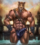 abs accessory arms_bent baldric belt biceps big_muscles bottomwear brown_body brown_fur bulge clothed clothing cloud detailed_bulge erection erection_under_clothing fist for_a_head front_view fur garter genital_outline hand_on_hip holding_object legs_in_water loincloth looking_at_viewer male markings muscular muscular_humanoid muscular_male navel nipples outside partially_submerged pecs penis_outline pose pubes skimpy sky solo spots standing standing_in_water straps submerged_legs thong topless underwear undressing vein veiny_muscles water wet yellow_eyes cheetahpaws guin_saga guin animal_head animal_humanoid felid humanoid hybrid leopard mammal pantherine detailed digital_media_(artwork)