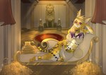 accessory amethyst_(gem) anklet anthro areola arm_support bedroom_eyes big_areola big_breasts blonde_hair breasts clothed clothing crown curvy_figure egyptian egyptian_clothing egyptian_headdress female fur furgonomics gem gold_(metal) hair hand_on_hip headgear jewelry leaning_on_elbow lying markings narrowed_eyes necklace nude on_side pharaoh purple_eyes purple_hair queen ring royalty rug seat seductive slightly_chubby solo spots spotted_markings tail tail_accessory tail_jewelry tail_ring tiara treasure treasure_hoard voluptuous white_body white_fur wide_hips yellow_body yellow_fur greenzlie nachita_the_serval queen_basatet felid feline mammal serval absurd_res hi_res