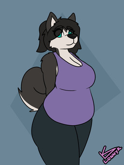 anthro belly belly_expansion belly_overhang big_belly big_breasts breasts cleavage clothed clothing expansion female overweight overweight_female solo lonnyk kayla_(lonnyk) canid canine canis domestic_dog husky mammal nordic_sled_dog spitz 3:4 animated animated_gif short_playtime