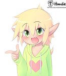 2020 ambiguous_gender biped blonde_hair blush clothed clothing cute_fangs digital_media_(artwork) elf finger_gun fully_clothed gesture green_clothing green_eyes green_hoodie green_topwear hair half-length_portrait hand_gesture heart_symbol hi_res hoodie hoodie_(artist) humanoid icon looking_at_viewer male_(lore) max_(hoodie) not_furry open_mouth open_smile pink_tongue pointing portrait shaded simple_background smile solo text tongue topwear url white_background young young_ambiguous young_humanoid