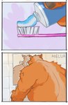 anthro brown_body brown_fur brush fur humanoid_hands kemono male mirror overweight overweight_male solo toothbrush toothpaste mielua mammal suid suine sus_(pig) wild_boar 2024 comic hi_res