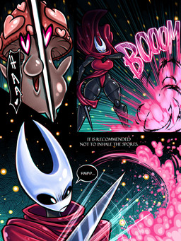 2_horns 3_panel_comic ambiguous_gender anthro big_breasts biped breasts clothing duo ellipsis eyes_closed female fungus heart_symbol holding_melee_weapon holding_object holding_weapon horn melee_weapon motion_lines mouth_closed red_clothing sound_effects speech_bubble spores standing text thick_thighs weapon white_heart white_text wide_hips bluewolfartista hollow_knight_(franchise) team_cherry hornet_(hollow_knight) arthropod elemental_creature fungi_fauna 2025 3:4 absurd_res comic english_text hi_res