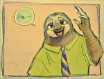 4_fingers anthro brown_body brown_eyes brown_fur clothed clothing dialogue dress_shirt fingers fur gesture laugh male necktie open_mouth shirt smile solo tongue topwear waving mortic_ox disney zootopia flash_slothmore mammal pilosan sloth three-toed_sloth xenarthran 2017 digital_drawing_(artwork) digital_media_(artwork)