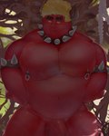 collar eyebrows genitals hair horn male nipple_piercing nipples not_furry pecs penis piercing red_body red_penis red_skin solo spiked_collar spikes freddyv7205172 horned_humanoid humanoid 4:5 absurd_res hi_res