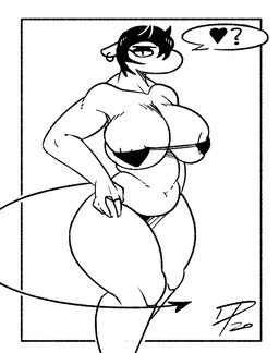 anthro areola areola_slip big_breasts big_butt bikini breast_squish breasts butt clothing crossgender ear_piercing ear_ring female hair half-closed_eyes heart_symbol horn huge_breasts looking_at_viewer mouthless narrowed_eyes navel not_furry piercing ring_piercing solo spade_tail speech_bubble squish stripper swimwear tail thick_thighs triangle_bikini two-piece_swimsuit dpronin pith demon imp 2020 dated monochrome pictographics signature
