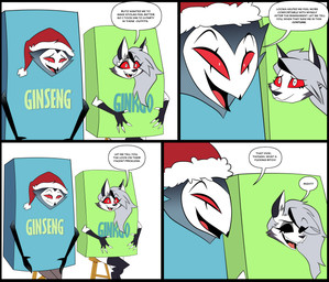 anthro clothing costume dialogue duo female food_costume gingko gingko_costume ginseng ginseng_costume male medicine medicine_costume red_sclera text vitamin vitamin_costume white_eyes deadinside97 hellaverse helluva_boss mythology loona_(helluva_boss) stolas_(helluva_boss) canid canid_demon canine demon goetia hellhound mammal mythological_canine mythological_creature absurd_res comic english_text hi_res