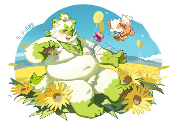 anthro anthrofied balloon belly duo flower green_body inflatable kemono male moobs open_mouth orange_body outside overweight overweight_male plant sitting owule nintendo pokemon generation_1_pokemon generation_9_pokemon growlithe pokemon_(species) sprigatito 2025