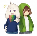 alternate_universe ambiguous_gender anthro clothing duo fangs fur gesture hand_gesture hoodie long_ears looking_at_viewer male pointing pointing_at_viewer red_eyes scarf simple_background teeth topwear white_background white_body white_fur caribun storyshift undertale undertale_(series) asriel_dreemurr chara_(undertale) boss_monster_(undertale) bovid caprine goat mammal