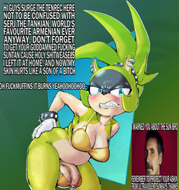 accessory anthro ball_bra balls belly bent_over big_balls blue_eyes blush bodily_fluids bra bracelet breasts cleavage clothed clothing countershade_face countershading crossgender darkened_genitalia dialogue ear_piercing ear_ring embarrassed eyelashes foreskin frown ftg_crossgender fti_crossgender fur genital_fluids genitals gloves green_body green_fur gynomorph hair hair_accessory hair_tie hand_on_butt hand_on_hip handwear humanoid_genitalia humor intersex jewelry leaking_precum looking_at_viewer medium_breasts penis piercing ponytail pose precum profanity ring_piercing scowl sharp_teeth shitpost shy simple_background slightly_chubby slightly_chubby_anthro slightly_chubby_gynomorph slightly_chubby_intersex snarling solo studded_bracelet studded_hair_tie studded_jewelry studs teeth text tied_hair underwear underwear_only general_proton idw_publishing sega sonic_the_hedgehog_(comics) sonic_the_hedgehog_(idw) sonic_the_hedgehog_(series) system_of_a_down serj_tankian_(system_of_a_down) surge_the_tenrec afrosoricid human mammal tenrec absurd_res digital_media_(artwork) english_text hi_res meme portrait three-quarter_portrait