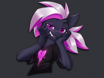 anthro black_clothing black_eyebrows black_shirt black_topwear broken_heart_symbol claws clothing ears_up eyebrows fangs female flat_chested grey_background grey_body grey_ears hair hand_on_face heart_symbol pink_eyes pink_hair purple_body purple_ears purple_eyes sharp_teeth shirt simple_background snout solo star_symbol teeth toothy_grin topwear upper_body white_hair bmbrigand arete unknown_species 2024