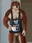 anthro ball_tuft balls beverage biceps biped black_claws blue_eyes bottomless bottomless_anthro bottomless_male brown_body brown_fur claws clothed clothing container cup fur genitals looking_at_viewer male muscular muscular_anthro muscular_male pecs shirt shirt_only smile solo standing tank_top text topwear topwear_only tuft white_body white_fur otterboxed canid canine canis domestic_dog mammal molosser mountain_dog saint_bernard 3:4 absurd_res english_text hi_res