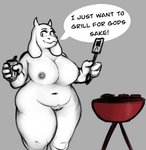 4_fingers anthro areola belly beverage beverage_can big_breasts black_eyebrows black_text breasts can cleavage closed_smile clothed clothing container crotch_lines dialogue eyebrows eyelashes female fingers floppy_ears food front_view fupa fur genitals glistening glistening_areola glistening_breasts glistening_nipples grey_areola grey_background grey_nipples holding_beverage holding_can holding_container holding_object holding_spatula holding_tool horn huge_breasts humanoid_genitalia humanoid_pussy innie_pussy long_ears mature_anthro mature_female monotone_belly monotone_body monotone_breasts monotone_face monotone_fur monotone_genitals monotone_horn monotone_pubes mouth_closed navel nipples nude pubes pubic_mound pussy sharp_horn simple_background smile snout solo spatula speech_bubble standing text tools white_belly white_body white_breasts white_ears white_face white_fur white_horn white_pubes white_pussy wide_hipped_female wide_hips fern_plant i_just_wanna_grill undertale undertale_(series) boomer_(meme) toriel bovid caprine mammal english_text hi_res meme portrait three-quarter_portrait