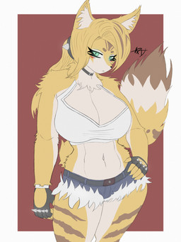 anthro big_breasts biped blonde_hair bottomwear breasts brown_background cleavage clothed clothing collar crop_top daisy_dukes denim denim_bottomwear denim_clothing denim_shorts dipstick_tail eyelashes female fingerless_gloves fur gloves green_eyes hair hand_on_hip handwear hotpants long_hair looking_at_viewer markings midriff navel ponytail shirt shorts simple_background solo standing striped_body striped_fur stripes tail tail_markings topwear yellow_body yellow_fur katriot mihoyo zenless_zone_zero pulchra_fellini felid feline mammal thiren 2025 3:4 absurd_res digital_drawing_(artwork) digital_media_(artwork) hi_res portrait signature three-quarter_portrait