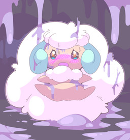 ambiguous_gender blush bodily_fluids chibi feral fluffy hair kemono looking_at_viewer lying on_back open_mouth pink_mouth purple_background purple_slime scared simple_background slime solo sweat tears white_hair winte nintendo pokemon generation_5_pokemon mammal pokemon_(species) whimsicott absurd_res hi_res shaded