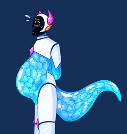 ambiguous_gender anthro blush blush_lines bodily_fluids crystal crystal_horn egg egg_in_stomach egg_in_tail egg_inflation eggnant embarrassed hands_behind_back machine not_furry pregnant pseudo_horn screen screen_face side_view slime solo standing standing_at_attention sweat sweatdrop unsure wiingdings d1ver goo_creature humanoid robot robot_humanoid alpha_channel