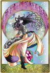 anthro art_nouveau black_hair card card_template clothed clothing detailed_background female flower fortune_telling fur grey_body grey_fur hair leopard_spots looking_at_viewer looking_back markings multicolored_hair partially_clothed petals plant purple_body purple_eyes purple_fur solo spots spotted_body spotted_fur tarot tarot_card two_tone_hair tsarinart felid mammal pantherine snow_leopard hi_res