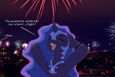 1_horn blue_hair dialogue eyelashes eyes_closed eyeshadow female female_feral feral fireworks hair happy highlights_(coloring) horn makeup night offscreen_character open_mouth open_smile outside photo_background purple_body purple_eyeshadow purple_highlights purple_horn purple_wings quadruped raised_arms smile solo sparkles sparkling_hair spiral_horn text wings nnalyart friendship_is_magic hasbro my_little_pony mythology nightmare_moon_(mlp) equid equine mammal mythological_creature mythological_equine winged_unicorn digital_drawing_(artwork) digital_media_(artwork) english_text hi_res mixed_media paintstorm_(artwork) photography_(artwork)