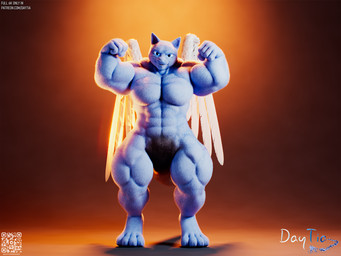 abs anthro arm_flex backlighting biceps biped blue_body blue_fur chest_fur claws ear_fur fantasy feathered_wings feathers flexing fur gradient_background head_fur large_wings light looking_at_viewer looking_confident male markings muscular muscular_male one_eye_closed open_mouth orange_background pawpads pecs pubes sharp_teeth simple_background smile solo standing tail tail_markings teeth text thick_tail tongue whiskers wings daytia felid feline mammal 4:3 hi_res lighting url