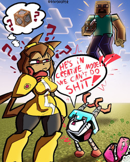 1_eye ambiguous_gender anthro biped boat brown_body brown_fur brown_hair clothed clothing command_block creative_mode day dialogue diamond_(gem) diamond_armor exclamation_point female feral frothing_mouth fur gem group hair levitation machine male on_ground outside poisoned profanity question_mark red_eyes screencap screencap_background size_difference sky snout speech_bubble sticky_piston talking_to_another tan_body tan_fur text thinking thought_bubble vehicle watercraft yelling_at_another diddlydooter1 gameoverse glitch_productions microsoft minecraft minecraft_sheep_fucker mojang xbox_game_studios gobbles_(gameoverse) kaboodle_(gameoverse) kit_bodega steve_(minecraft) dinosaur felid feline human mammal prehistoric_species reptile robot scalie 2026 crossover digital_drawing_(artwork) digital_media_(artwork) english_description english_text signature